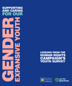 The picture displayed is the front cover of the attached report . Heading: Supporting and Caring for Our Gender Expansive Youth. Subheading: Lessons from the Human Rights Campaign's Youth Survey.